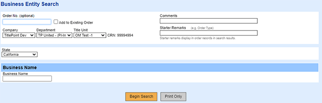 Business Entity Search Screen