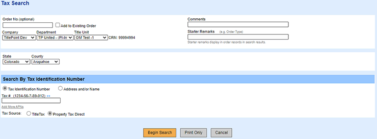 Tax Search Screen